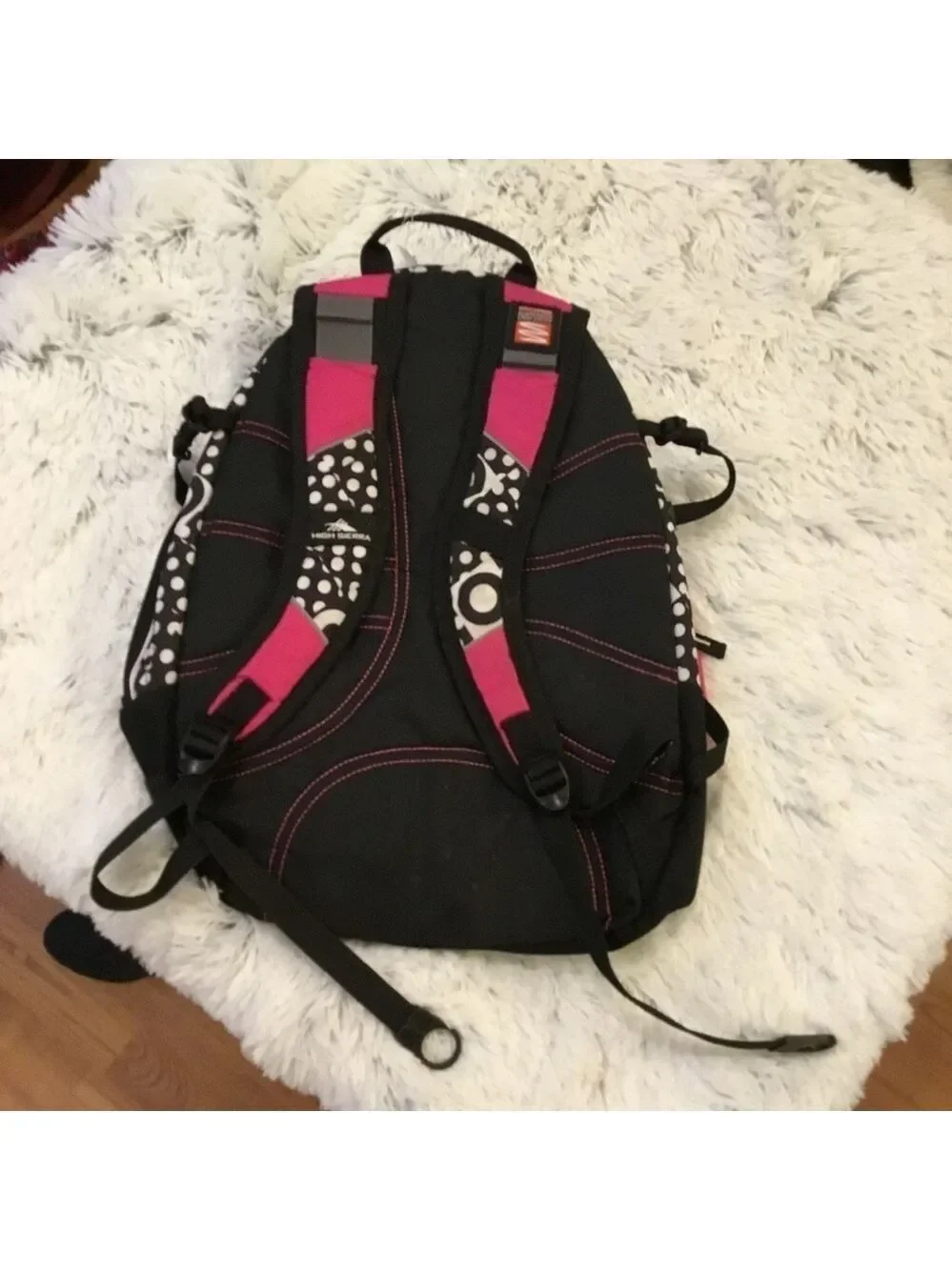 High Sierra pink black and White patterned backpack with suspension stra…